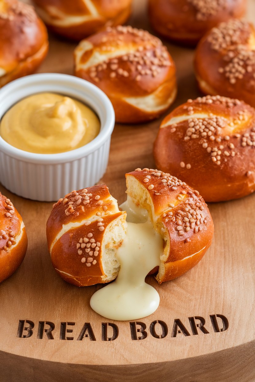 Indoor photo of golden pretzel bites with melted cheese oozing from a torn piece, small ramekin of mustard beside, no text or logos