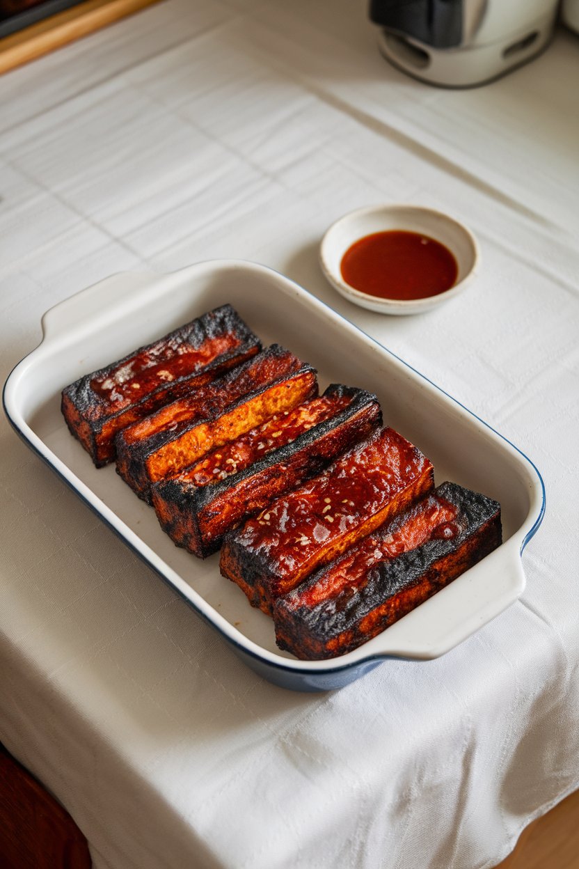 Photo prompt: Indoor kitchen table featuring barbecue-sauced tofu cutlets with charred edges, a small dish of extra sauce alongside. No text or logos.