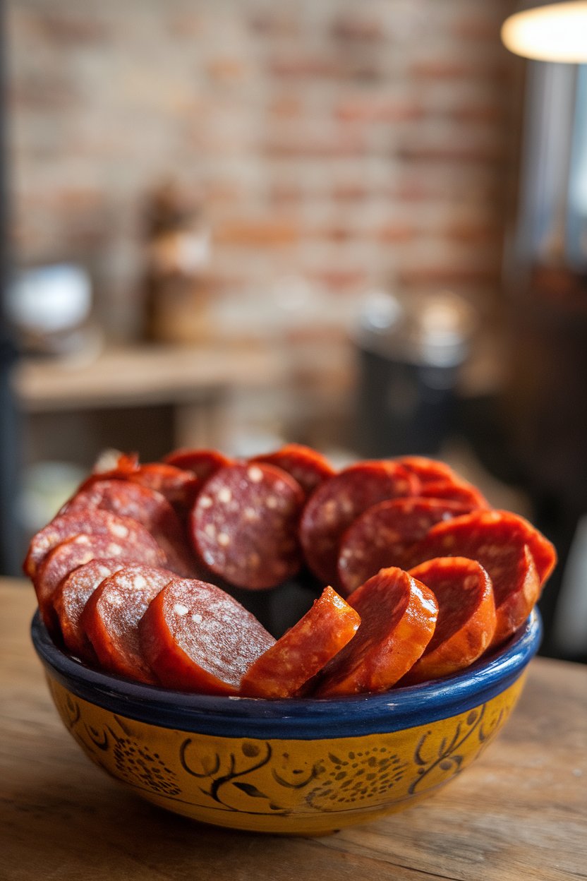 Indoor ceramic bowl of seared chorizo slices glistening with paprika oil, no text or logos