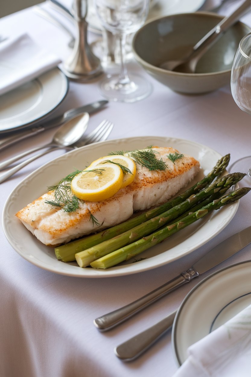 Indoor dining table displaying cooked haddock fillet with grill marks, topped with chopped dill and lemon slices, side of roasted asparagus. No text or logos. Photo only.