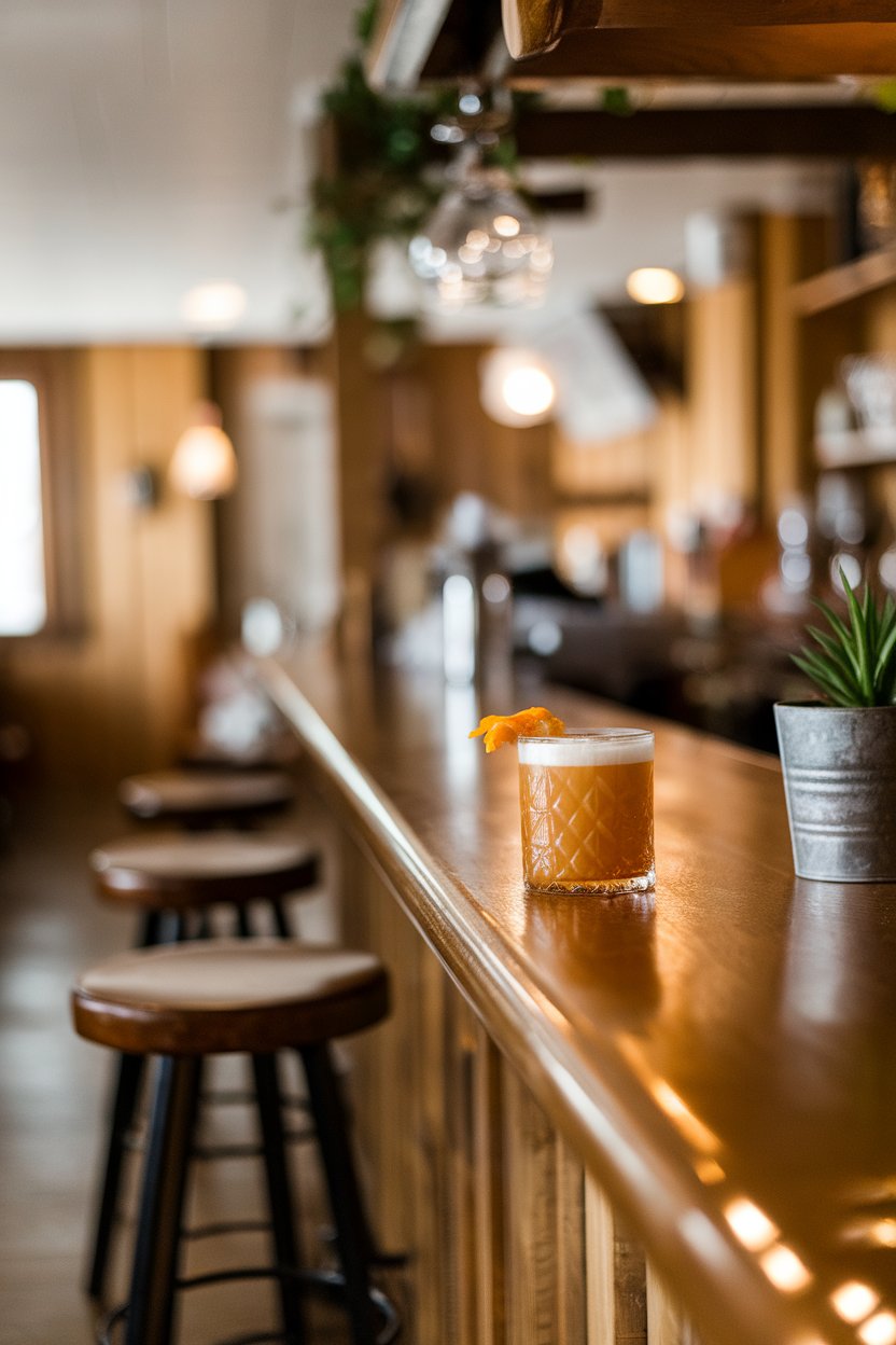Indoor cabin-style bar with a coupe of amber maple rye sour, orange peel resting on foam, no logos or text. Photo only.