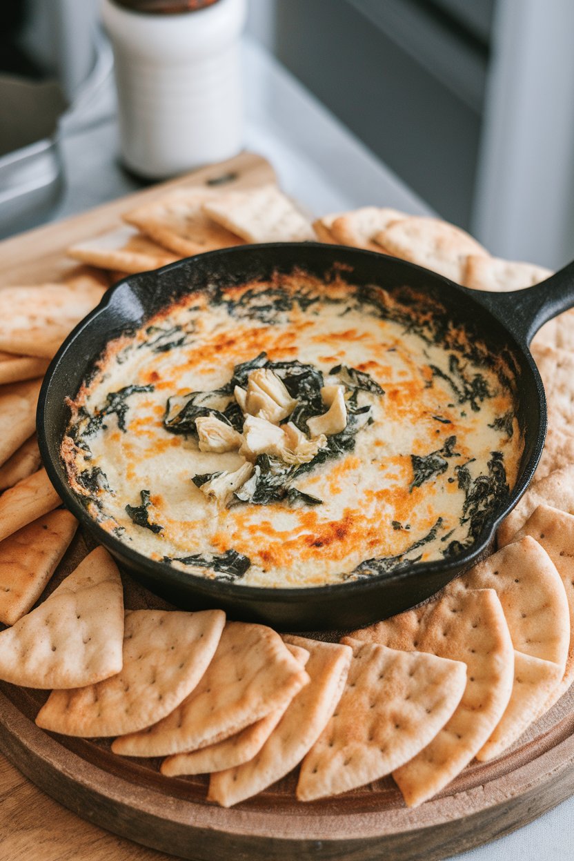 Indoor photo of a small cast-iron skillet filled with bubbling spinach-artichoke dip, surrounded by pita chips. No text or logos.
