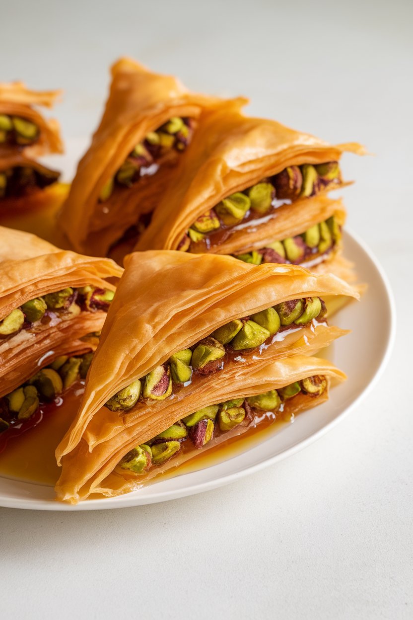 A close-up indoor photo of golden phyllo triangles layered with bright green pistachio filling and glistening honey syrup. No text or logos.