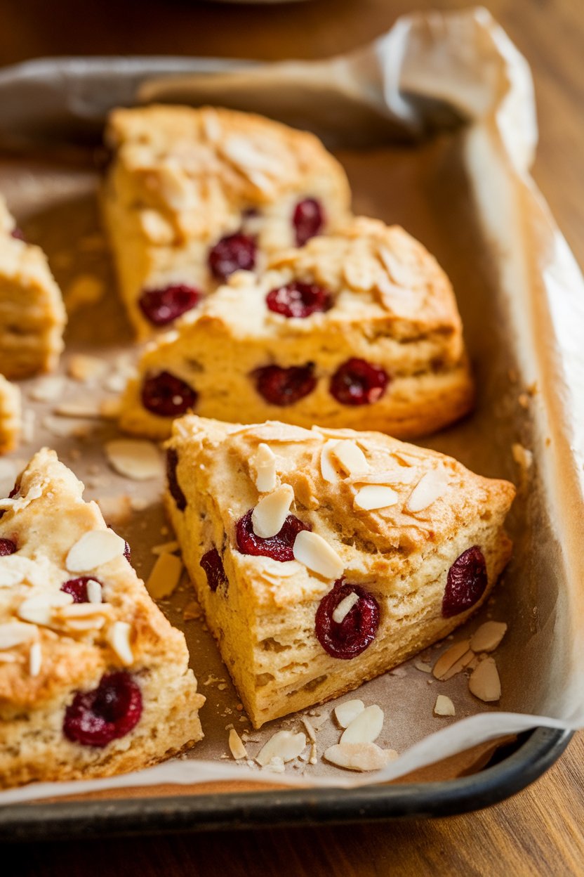 Indoor photo of golden cherry-studded scones on a parchment-lined tray with slivered almonds on top, no text or logos