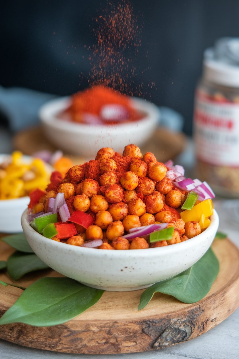 Indoor snack bowl filled with crispy roasted chickpeas coated in reddish Cajun spices. Photo, no text or logos.