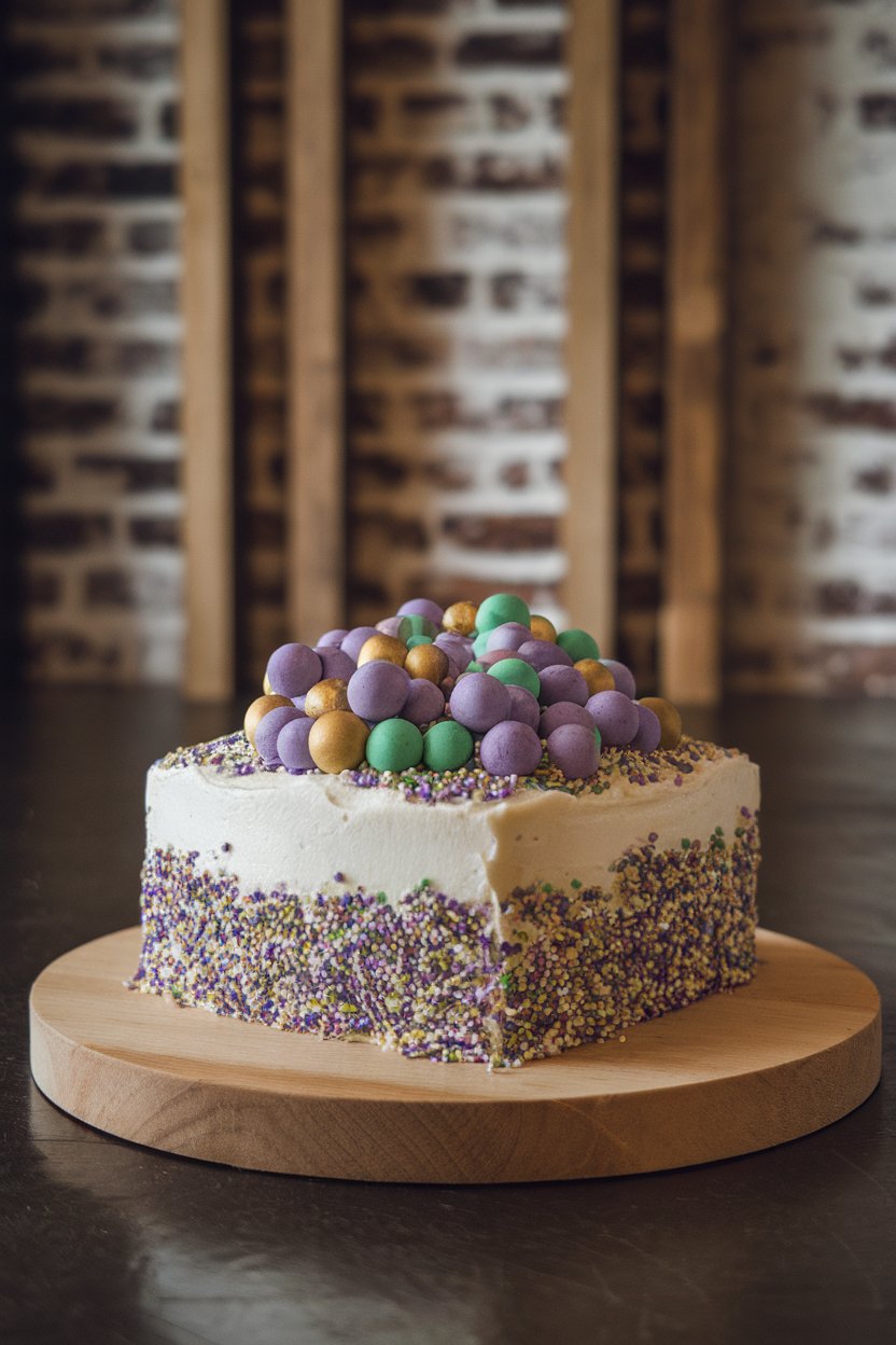 Indoor sheet cake bursting with purple, green, and gold sprinkles inside and on frosting; no text or logos.