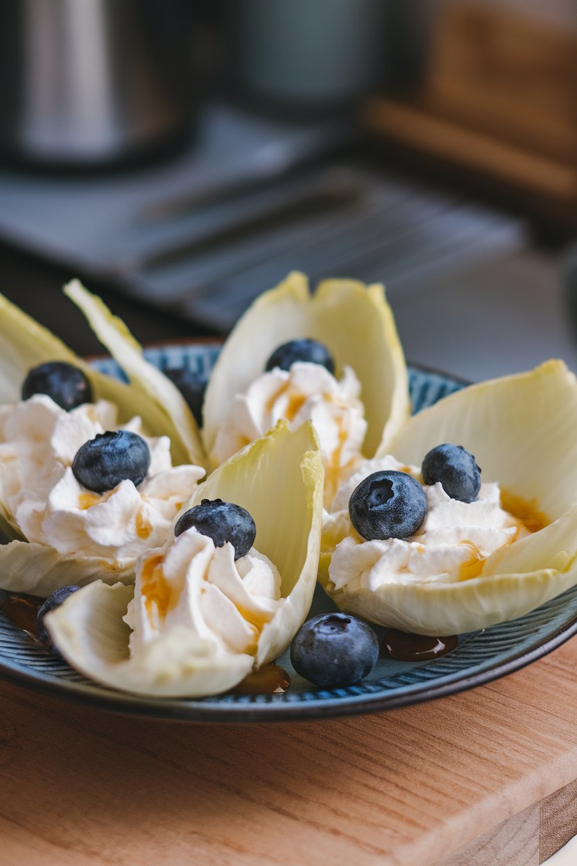An indoor plate of crisp endive leaves filled with whipped goat cheese and topped with blueberries and honey drizzle, no logos or text.