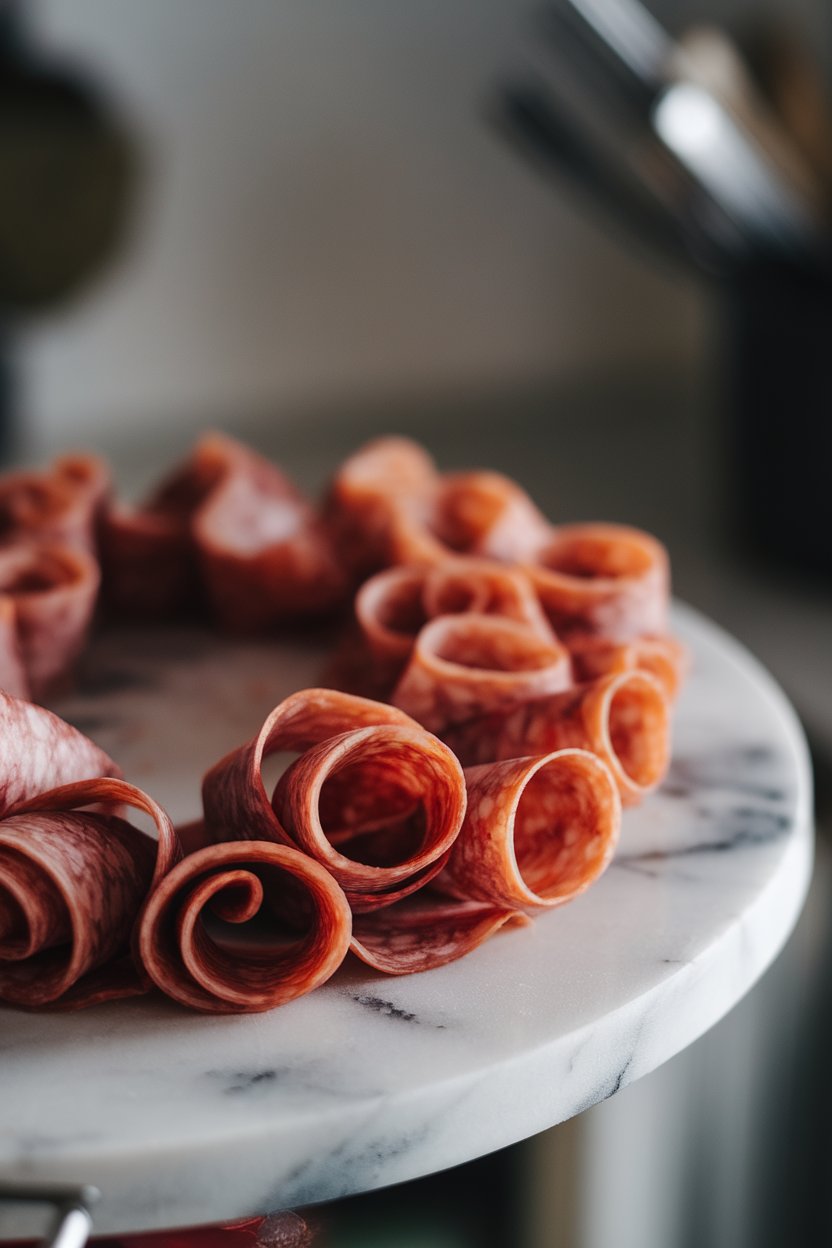 Close-up of thin soppressata slices curled into flower shapes on a marble board indoors, no text or logos, photo only