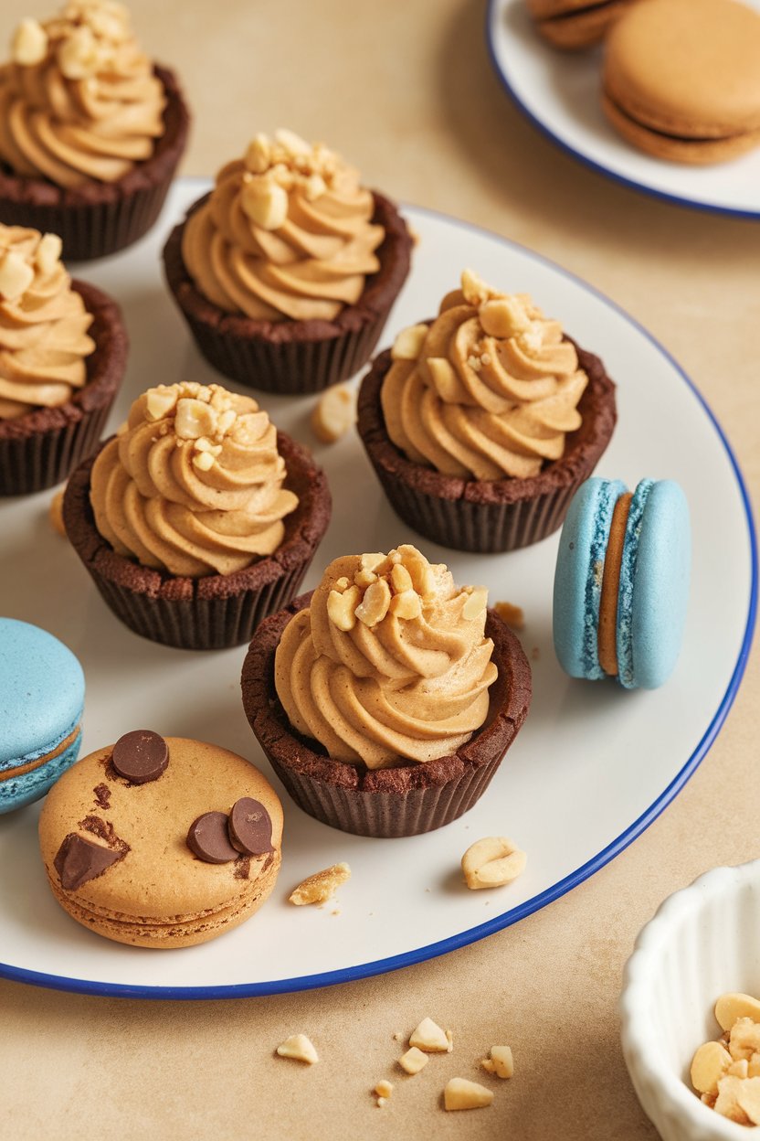 An indoor dessert tray with mini brownie cups topped with a swirl of peanut butter frosting and crushed peanuts. No text or logos. Photo, not illustration.