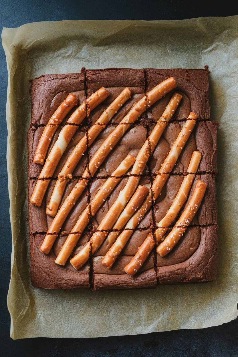 An indoor brownie slab studded with pretzel twists, cut into squares on parchment—no text or logos. Photo, not illustration.