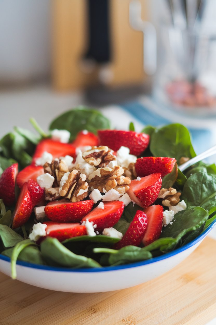A bright indoor salad bowl filled with baby spinach, sliced strawberries, walnut halves, and a sprinkle of feta. Photo only, no logos or text.