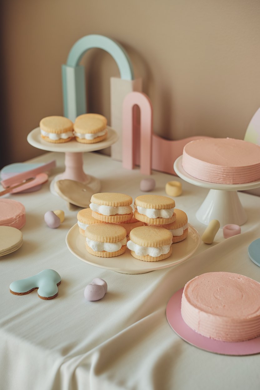 An indoor pastel-themed table holding sandwich cookies filled with marshmallow cream, cake rounds tinted pale pink. Photo, no text or logos.
