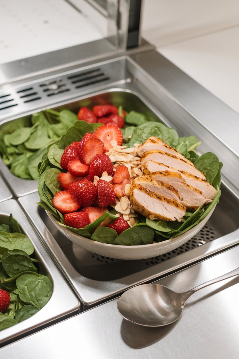 An indoor salad bar scene showing a bowl of baby spinach, sliced strawberries, grilled chicken strips, and almond slivers; no text or logos. Photo only.