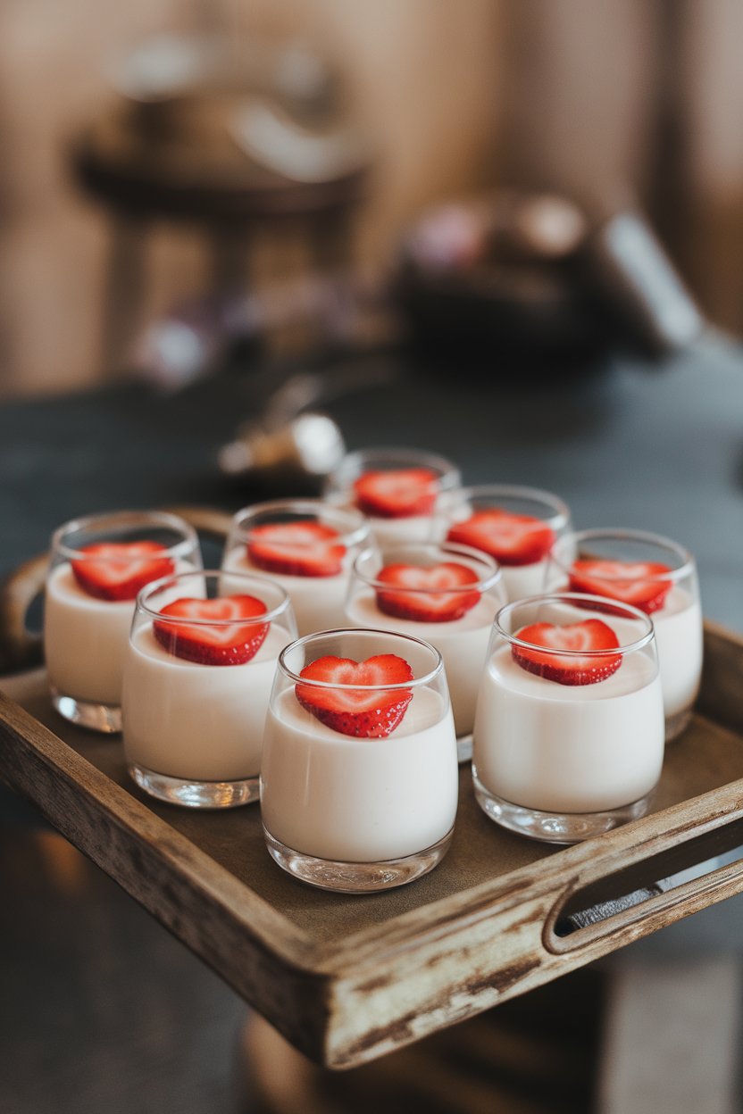 Small glass tumblers of silky panna cotta topped with heart-shaped strawberry slices, photographed on an indoor wooden tray. No logos.