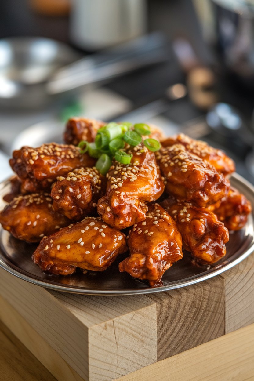 Indoor photo of a platter of glazed chicken wings coated in shiny honey-garlic sauce, sesame seeds sprinkled on top. No text or logos.
