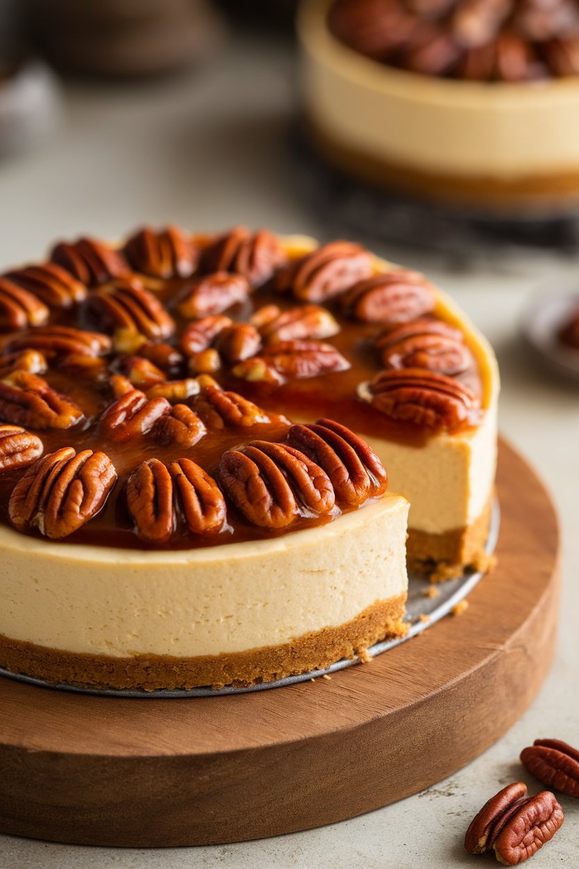 Indoor photo of a cheesecake topped with glossy pecan pie filling, slice slightly pulled out. No text or logos.