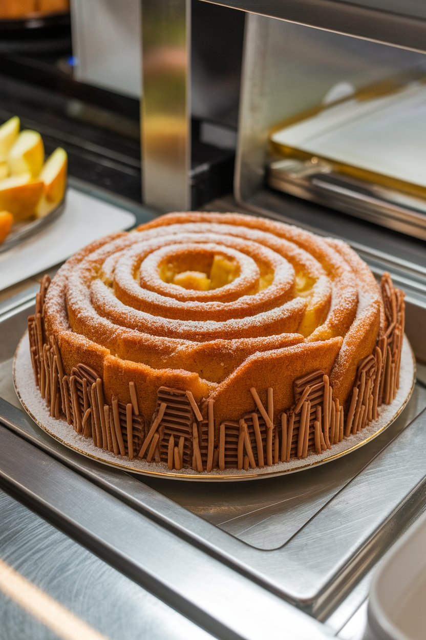 An indoor buffet showing a spiral apple-cider pound cake dusted with cinnamon sugar, tiny brown-icing bleachers around the edge—no text or logos.