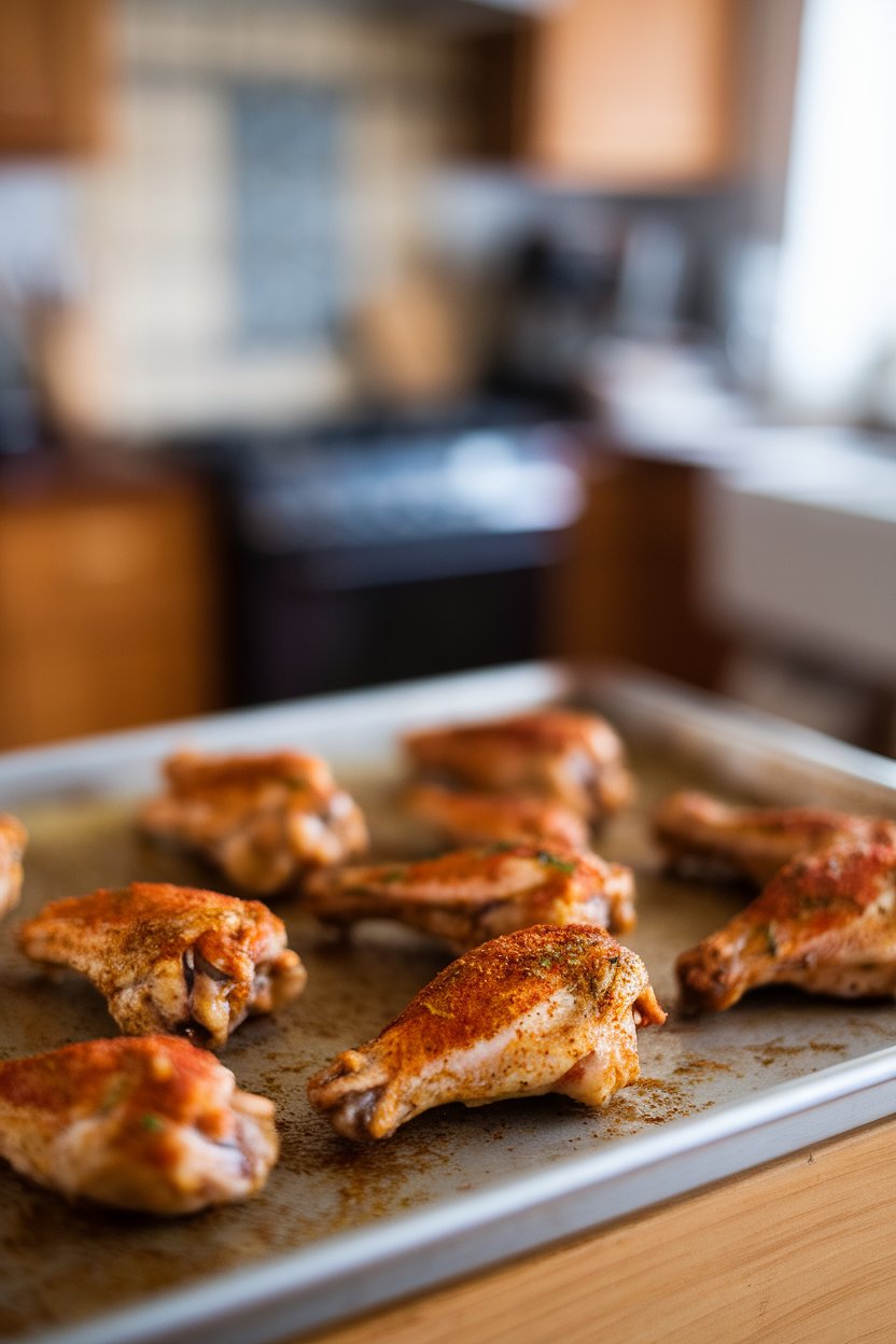 Indoor photo of spice-rubbed chicken wings on a baking sheet with visible paprika and herb flecks, no text or logos.