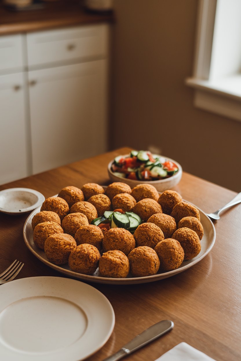 An indoor dining table featuring golden baked falafel balls beside a small bowl of cucumber-tomato salad. Warm overhead light; no visible text or logos.