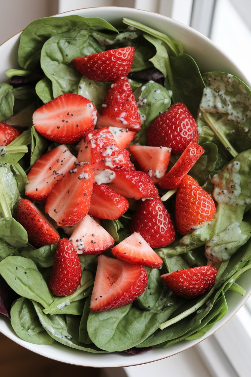 A salad bowl indoors bursting with baby spinach, sliced strawberries, and a glossy poppy seed dressing, photographed under natural light. No text or logos in frame.