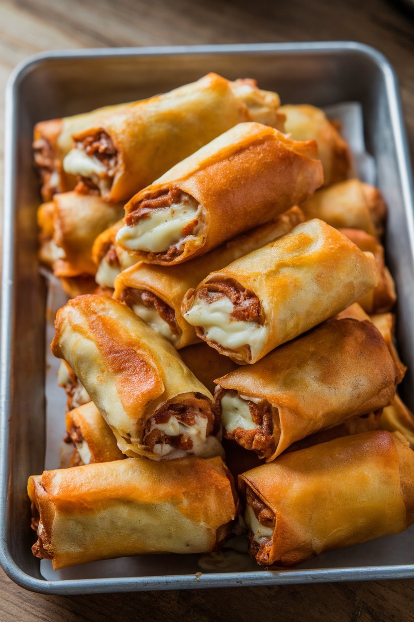 An indoor bar tray piled with cheesesteak egg rolls, melted provolone visible in cross-sections. No text or logos.