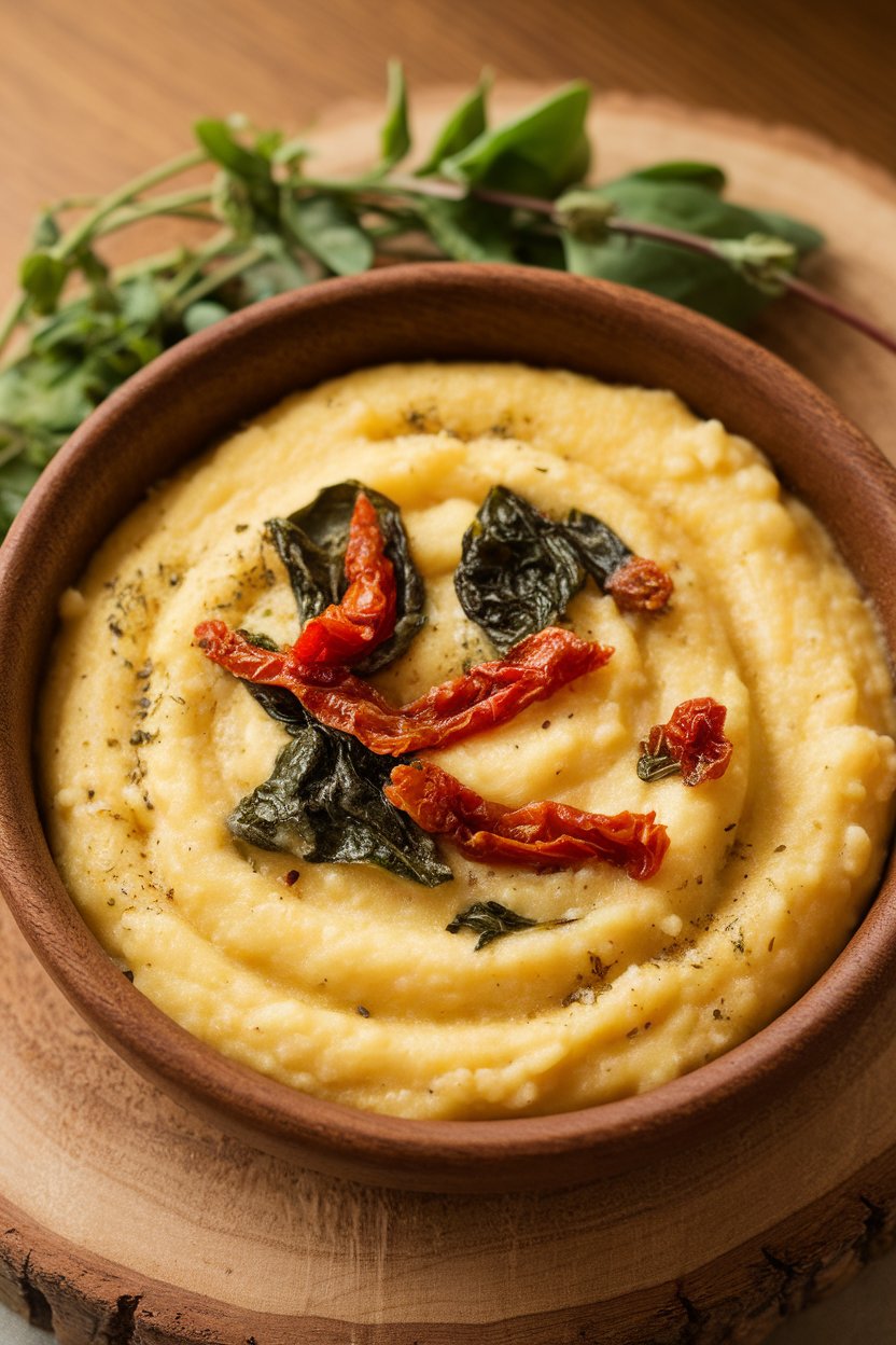 An indoor bowl of creamy polenta swirled with bits of sun-dried tomato and baby spinach. Warm lighting, no text or logos.
