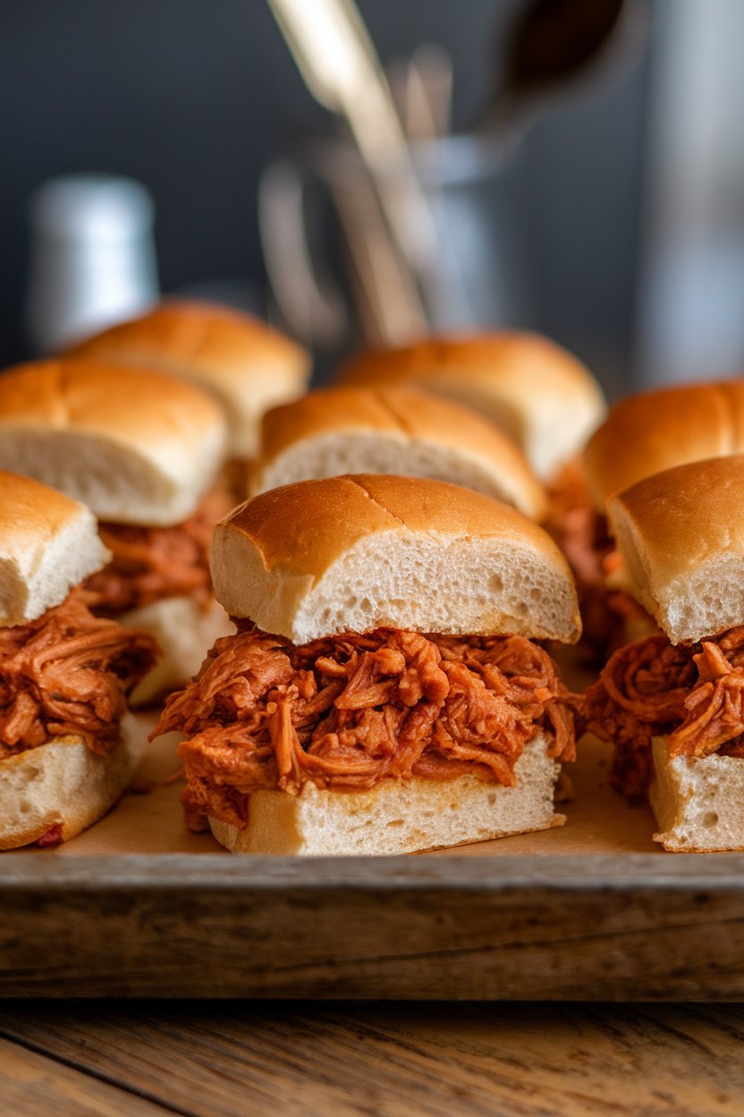 Photo of mini whole-wheat slider buns filled with saucy pulled jackfruit, arranged on a wooden tray indoors. No text or logos.