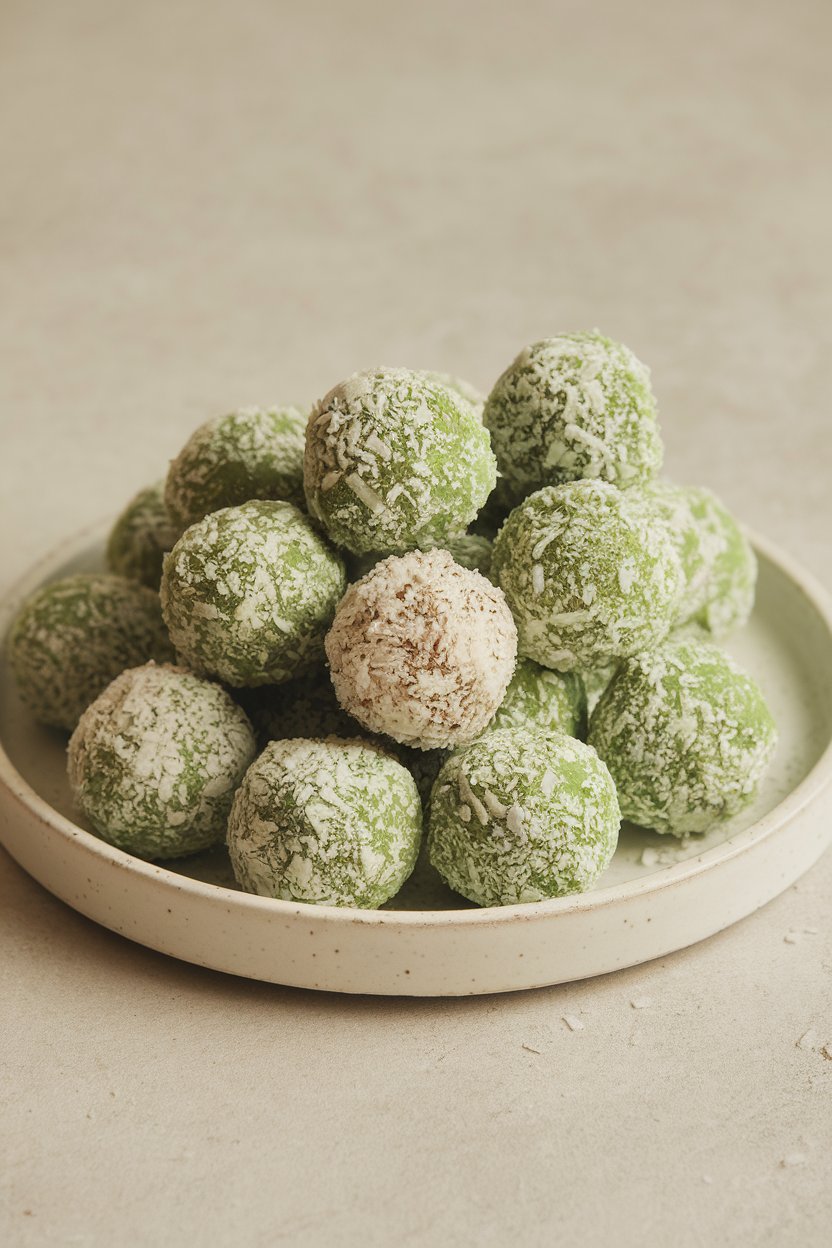 An indoor white plate of coconut-coated truffles tinted pale green, set against a neutral backdrop, no text or logos. Photo only.