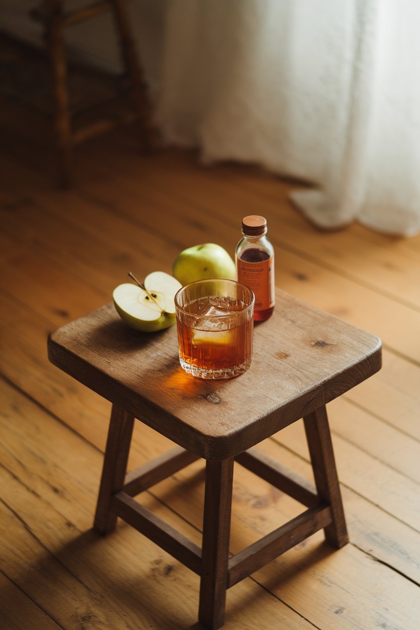 Indoor farmhouse table with a rocks glass of amber drink, apple slice, small bottle of shrub vinegar behind. No text or logos.