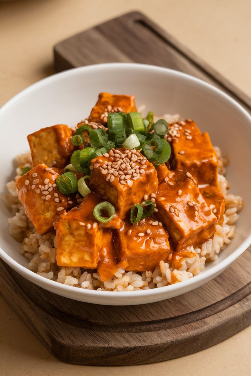 White bowl indoors showcasing cubed tofu in a glossy orange-sesame sauce over brown rice, topped with scallions and sesame seeds. No text or logos. Photo only.