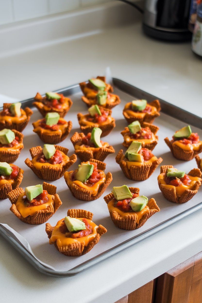 An indoor kitchen counter showing pork rind “cups” topped with melted cheese, salsa, and avocado chunks, placed on a sheet pan; no text or logos.