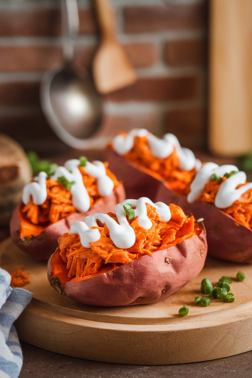Photo of halved baked sweet potatoes filled with shredded buffalo chicken and topped with a drizzle of Greek yogurt, indoor tabletop scene. No text or logos.