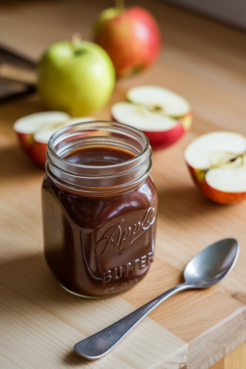 An indoor countertop with a mason jar of dark brown apple butter, spoon resting nearby, sliced apples in background. No text or logos. Photo only.