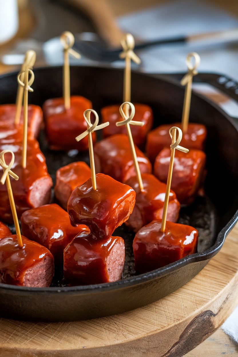 Photo of bite-size pieces of smoked sausage glazed with barbecue sauce in a cast-iron skillet indoors, toothpicks inserted, no text or logos