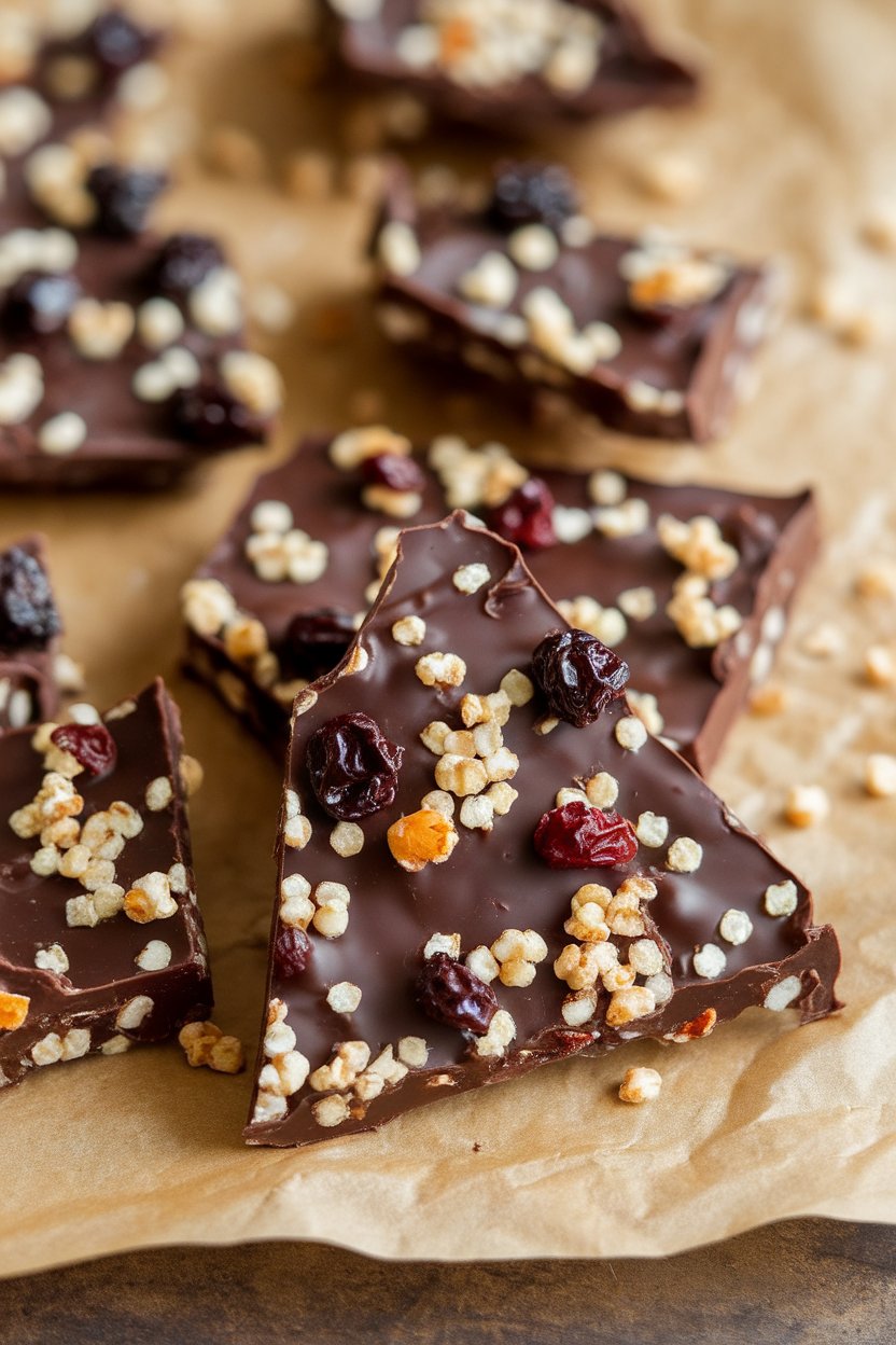Indoor close-up photo of dark chocolate bark studded with puffed quinoa and dried fruit, broken into rustic pieces on parchment. No text or logos.