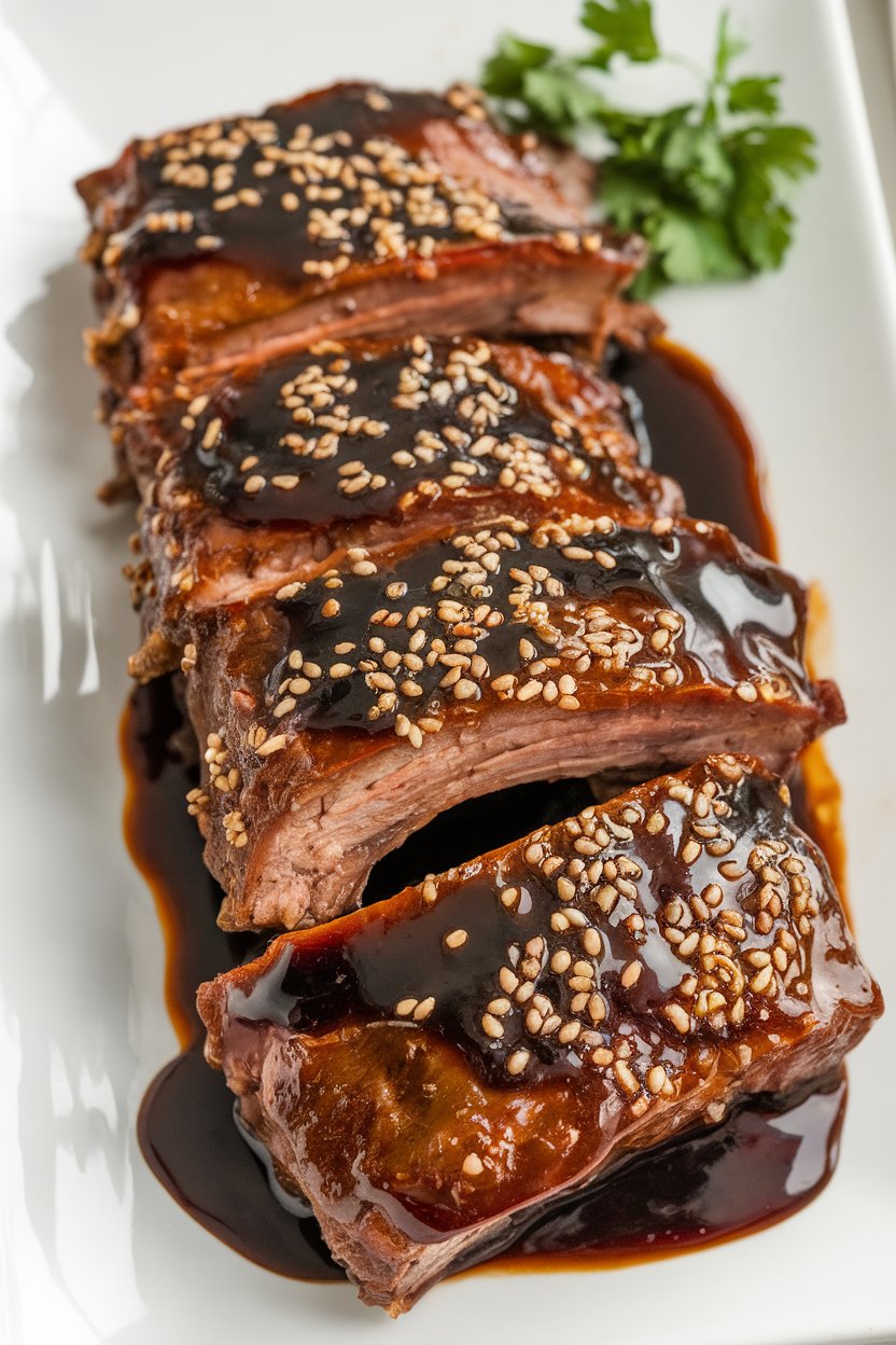 Indoor photo of short ribs glazed in dark hoisin sauce, sprinkled with sesame seeds; no text or logos