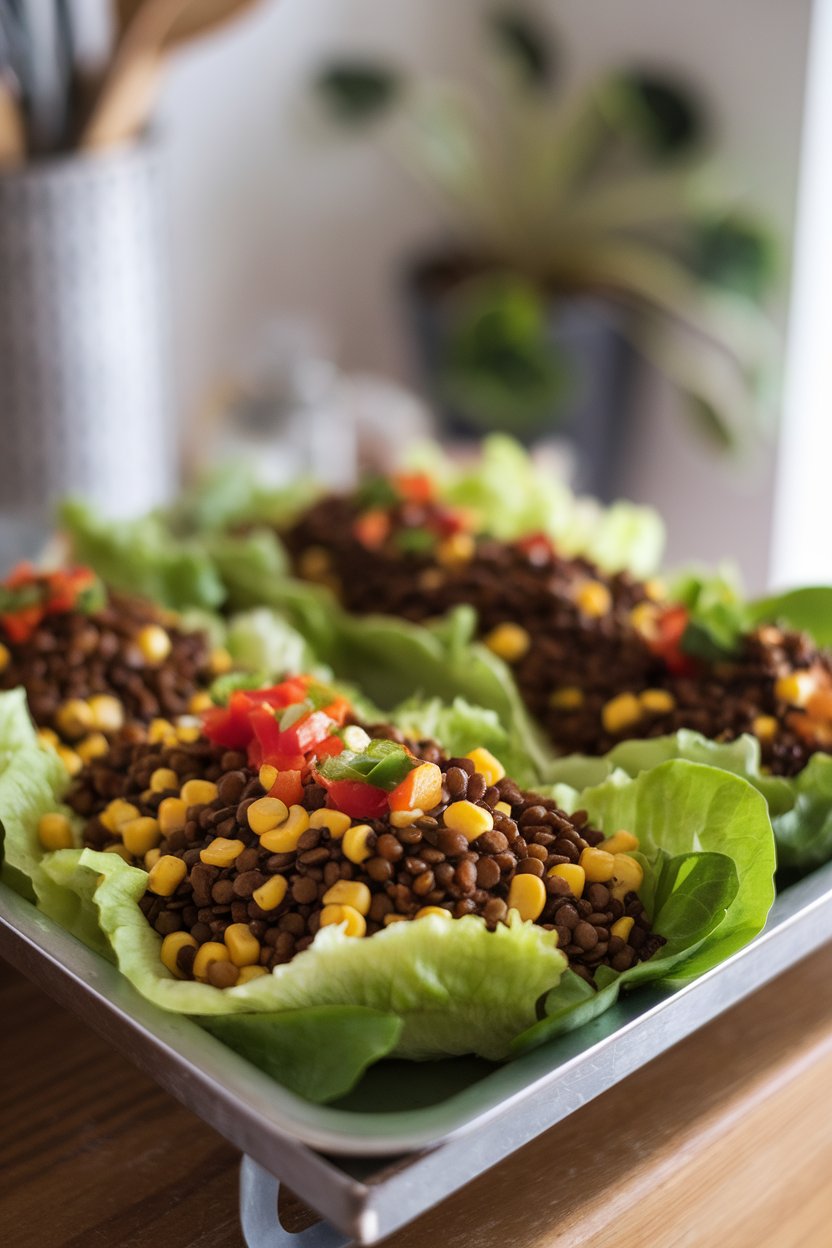 An indoor serving tray showing lettuce leaves filled with warmly spiced brown lentils, corn kernels, and diced peppers. No logos or text anywhere.