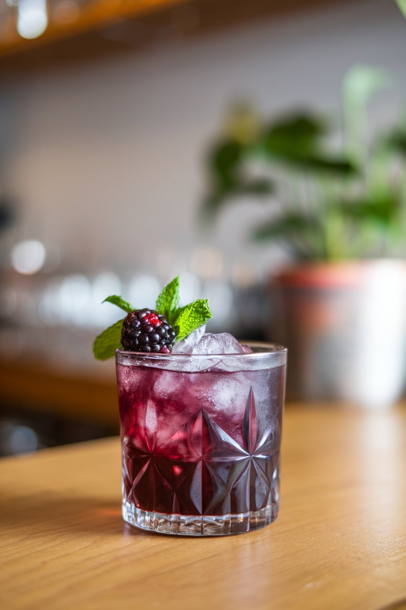 Indoor bar close-up of a rocks glass with dark purple drink, crushed ice, blackberry garnish, and mint sprig; photo, no text or logos.