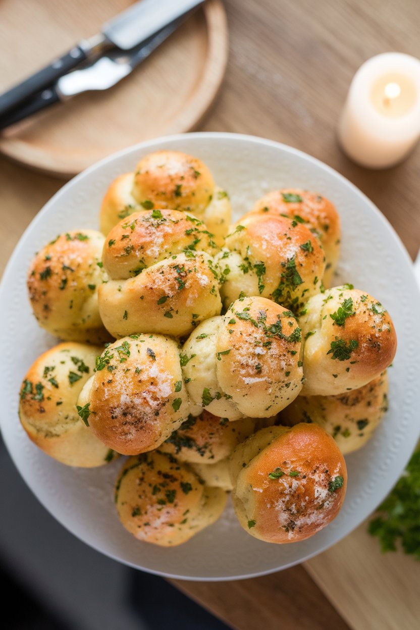Indoor photo of buttery garlic knots sprinkled with parsley and grated parmesan on a white plate, shot overhead. No text or logos present.