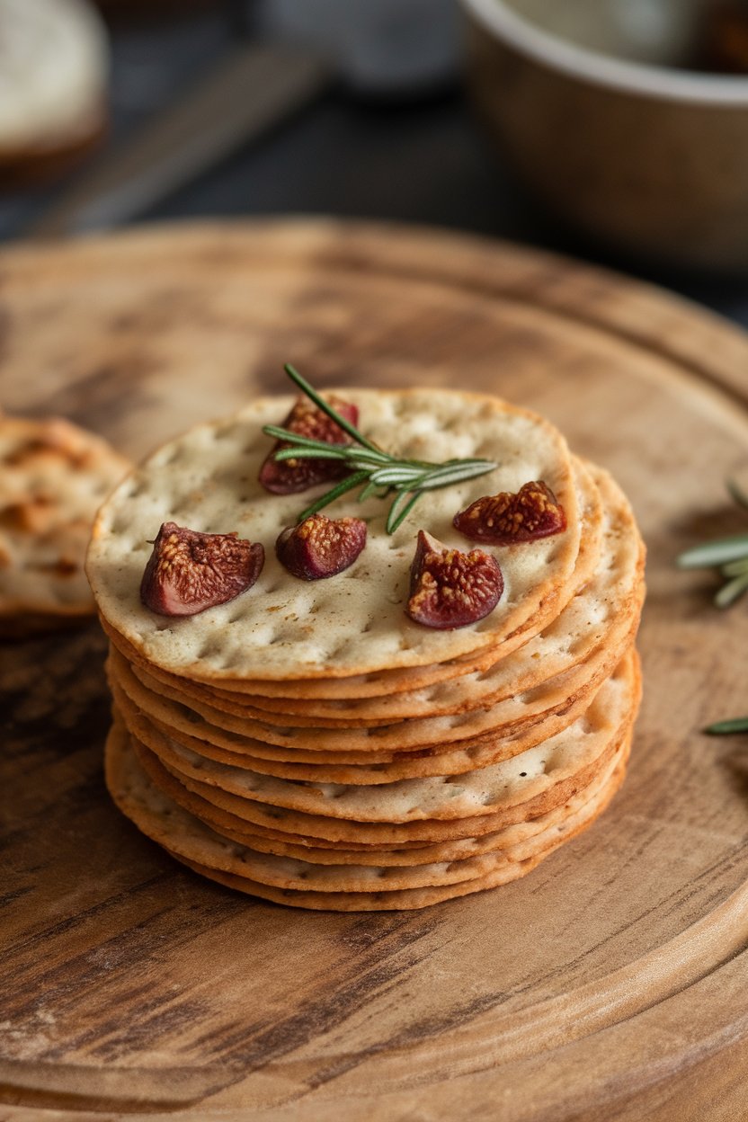 Indoor arrangement of thin fig-infused crackers dotted with rosemary leaves, stacked in a small pile. Photo, no text or logos.