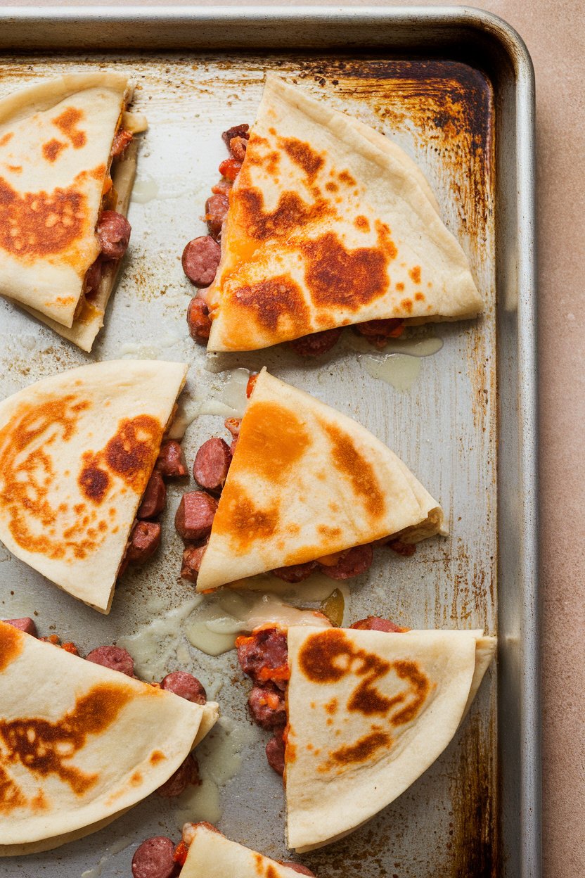 Indoor photo of sausage-and-bell-pepper quesadilla wedges on a baking tray, cheese bubble visible, no text or logos.