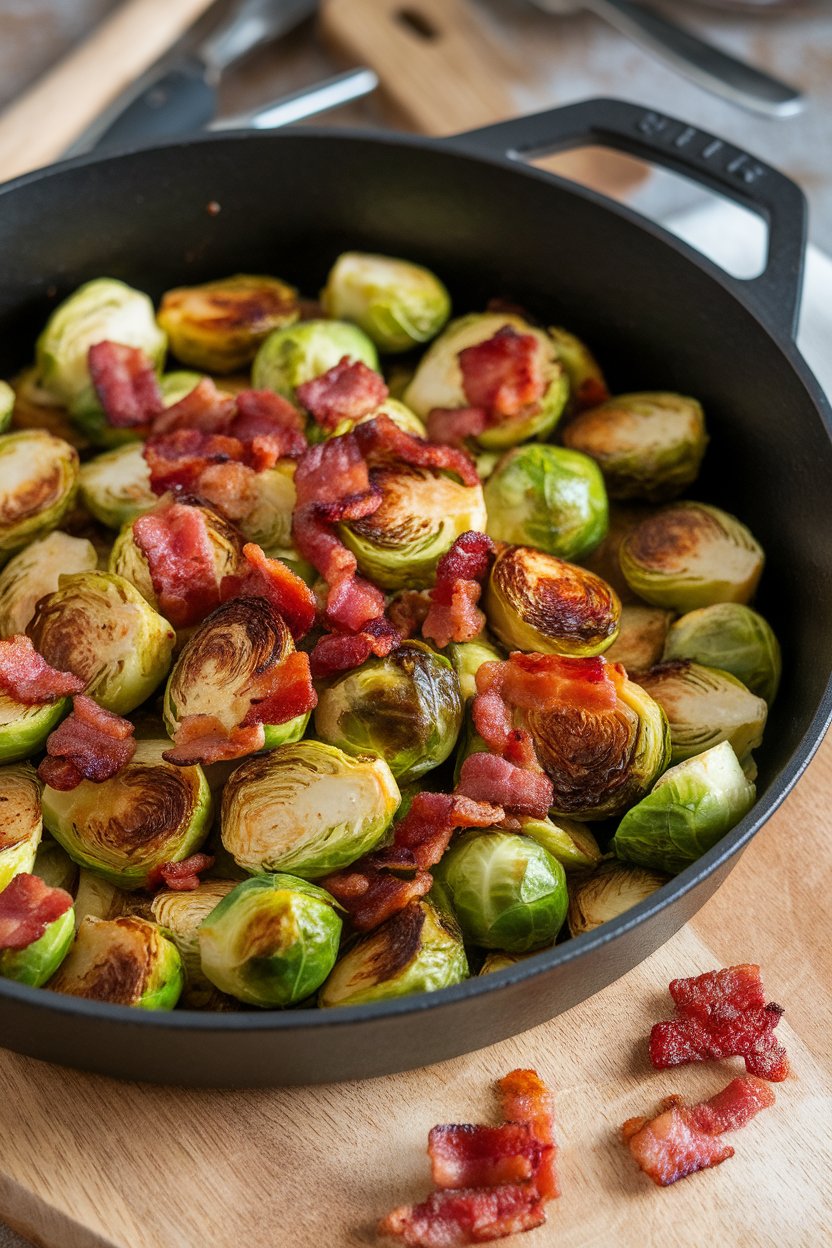 An indoor cast-iron pan of roasted Brussels sprouts tossed with crispy bacon pieces and a light maple glaze—no text or logos. Photo, not illustration.