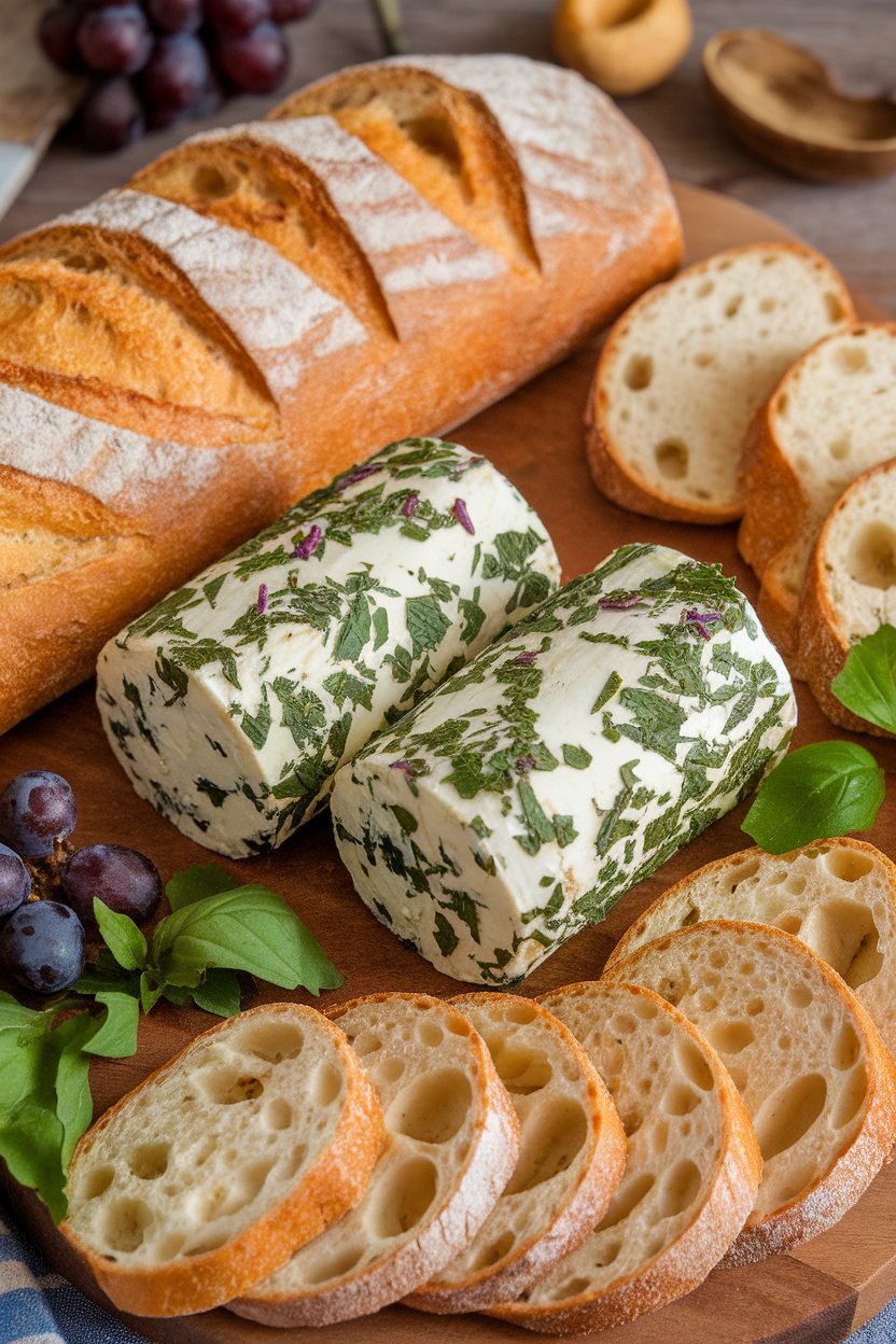 An indoor cheese board featuring two goat cheese logs rolled in chopped parsley and purple basil, set beside sliced baguette. No branding or logos visible.