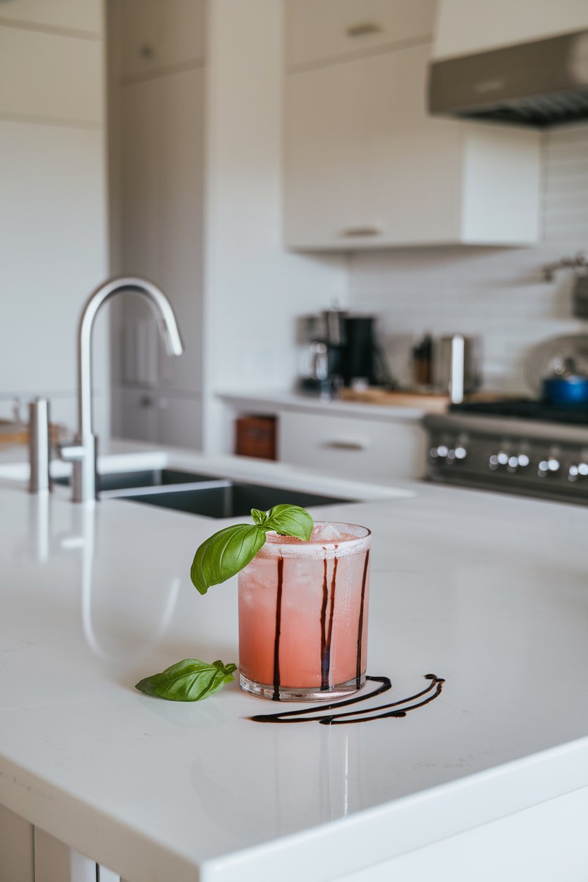 Indoor modern kitchen island with a soda glass of pink drink, basil leaf, drizzle of dark balsamic reduction on rim. No text or logos.