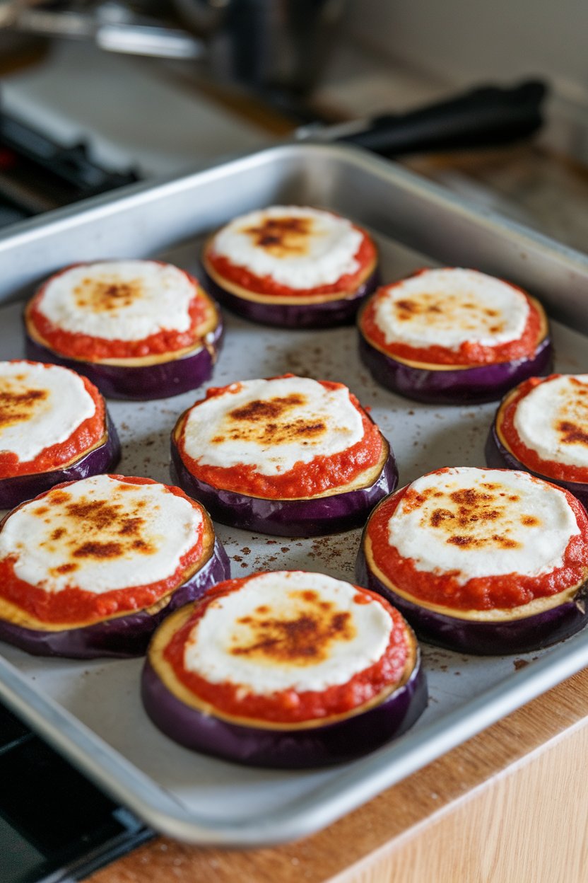 An indoor baking tray with individual eggplant rounds layered with marinara and mozzarella, cheese browned on top. No text or logos. Photo.