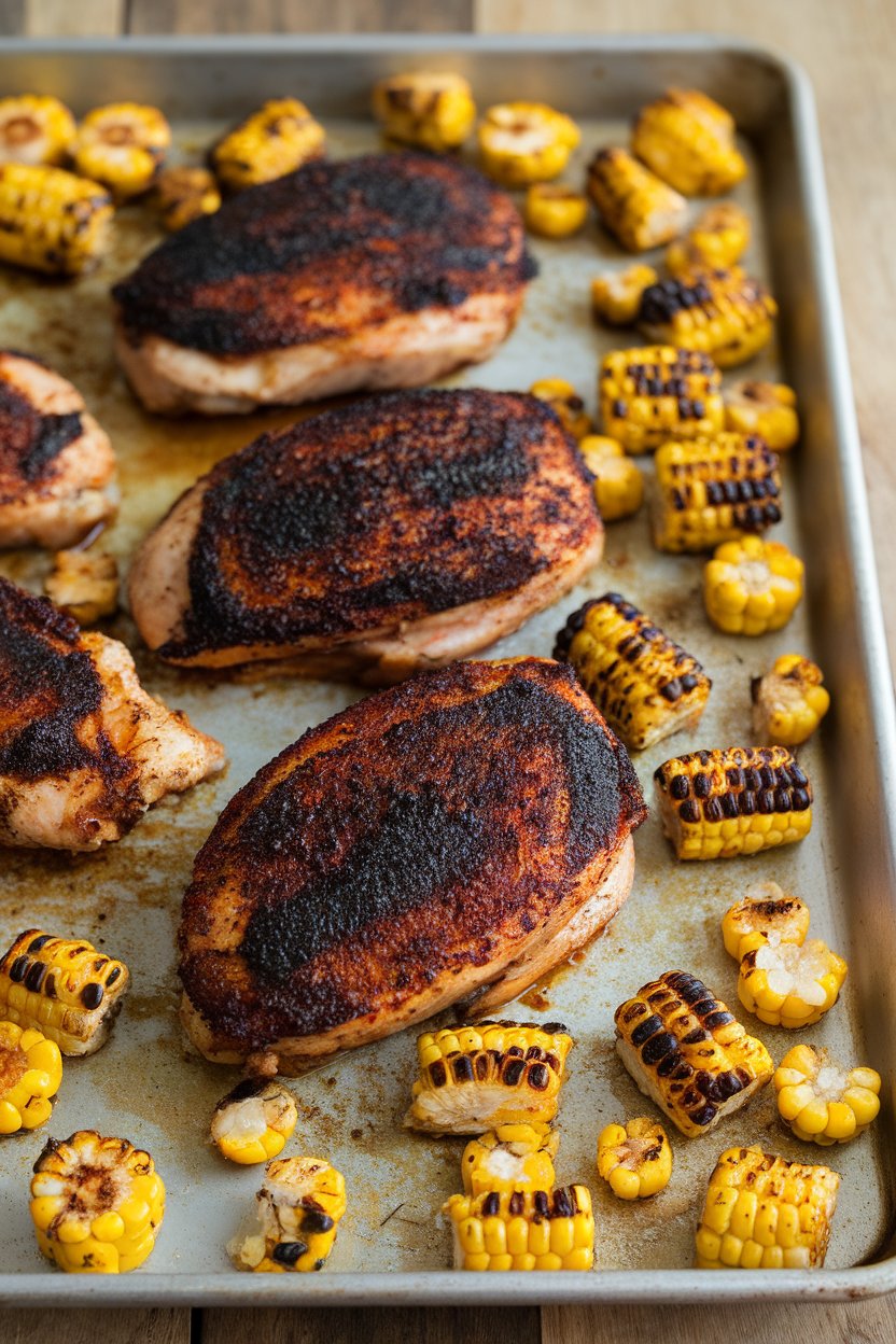 Indoor photo of blackened-spice chicken breasts, roasted corn kernels charred and scattered on the sheet pan. No text or logos.