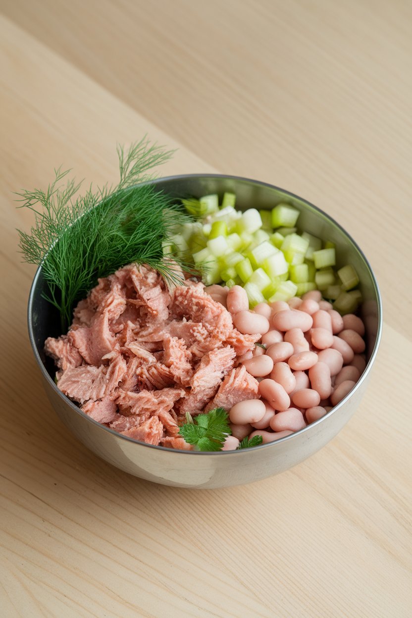 An indoor lunch bowl filled with canned tuna, white beans, chopped celery, and fresh dill; no text or logos. Photo only.