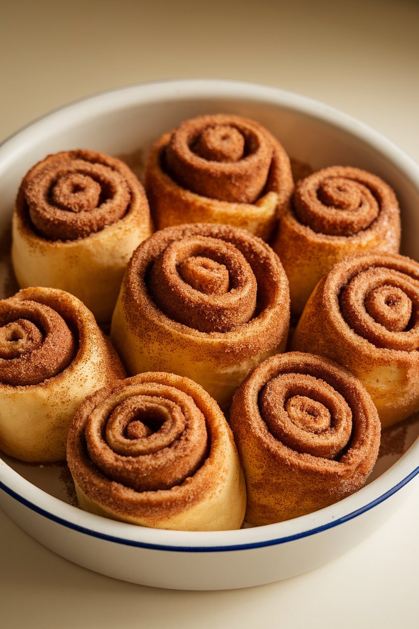 Indoor dish of rolled cinnamon bread sticks coated in cinnamon sugar, no logos.