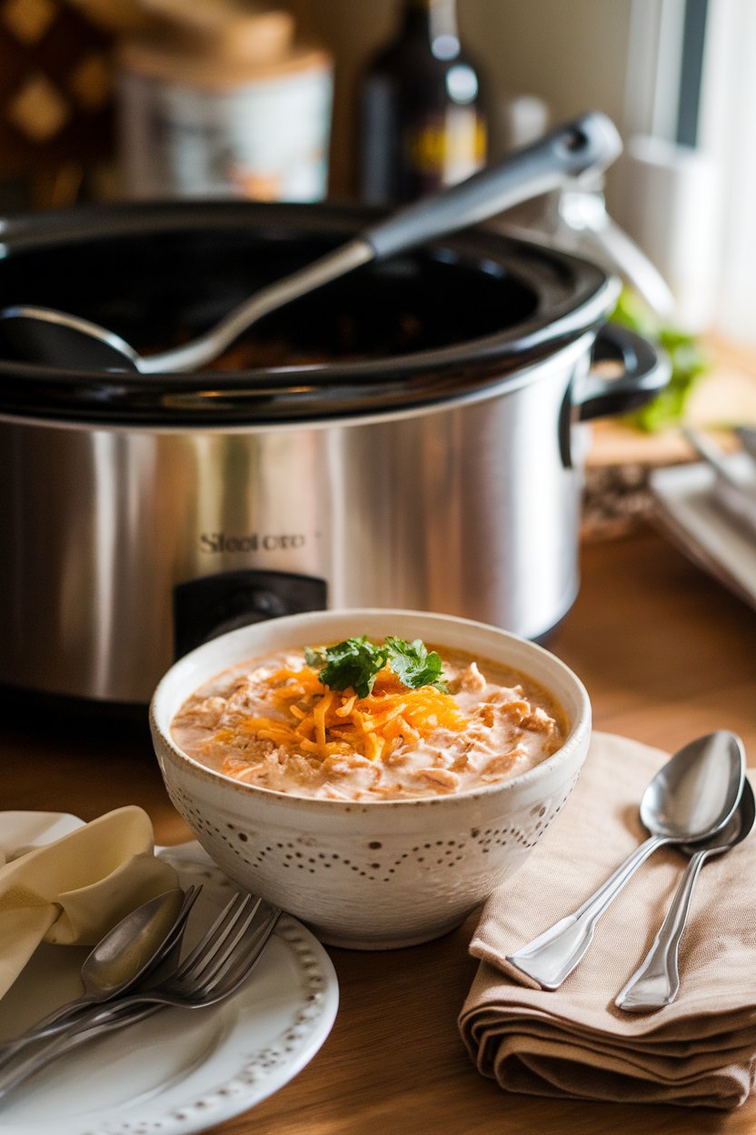 A warmly lit indoor kitchen table with a white ceramic bowl filled with creamy white chicken chili topped with shredded Monterey Jack and chopped cilantro. A ladle rests in a slow cooker behind it. No text or logos. Photo, not illustration.