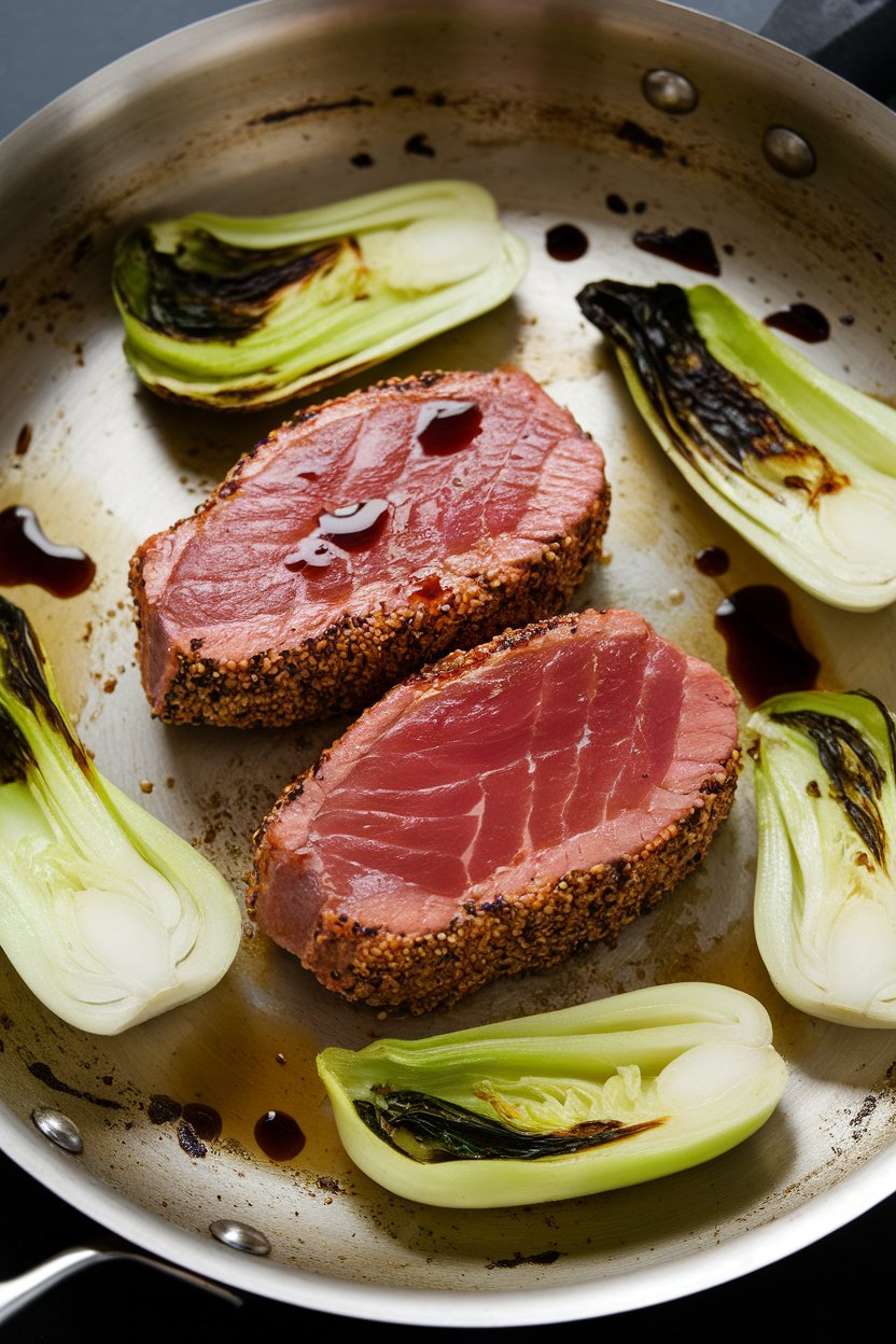 Indoor photo of cooked sesame-seed-crusted tuna steaks (medium), roasted baby bok choy halves, and soy drizzle on a pan; no text or logos
